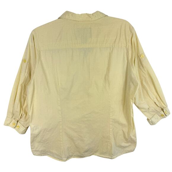 Woolrich 100% Cotton Yellow 3/4 Roll Tab Sleeve Embroidered Button Up Top Sz XL - Picture 2 of 8